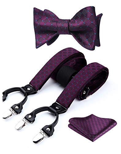 HISDERN Rotwein Hosenträger und Fliege Set für Herren Einstecktuch Y Style hosenträger Dot Plaid mit 6 Starken Clips Einstellbar für Anzug von HISDERN