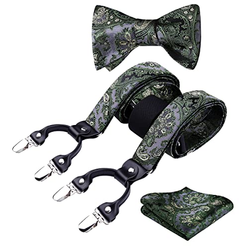 HISDERN Grün Hosenträger Herren mit Fliege Set 6 starken Clips Extra Breit Stark Paisley Y Form Hosenträger für Herren und Einsteckuch… von HISDERN