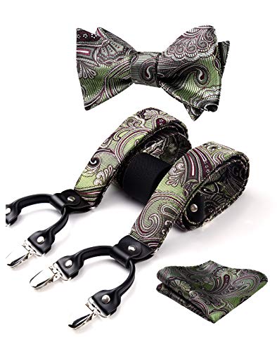 HISDERN Hosenträger für Herren mit Fliege Einstecktuch Set Paisley Florale Breit Hochzeit Längenverstellbar Y Style Mit 6 Clips Braces von HISDERN