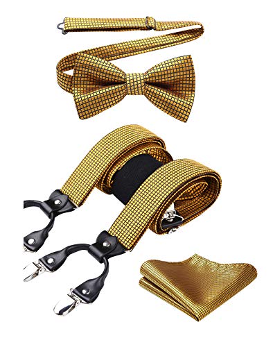 HISDERN Gold Hosenträger und Fliege Set für Herren Einstecktuch Y Style hosenträger Plaid mit 6 Starken Clips Einstellbar für Anzug von HISDERN