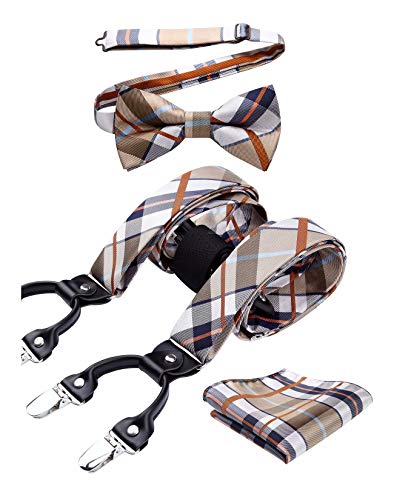 HISDERN Braun Beige Hosenträger und Fliege Set für Herren Einstecktuch Y Style hosenträger Plaid mit 6 Starken Clips Einstellbar für Anzug von HISDERN