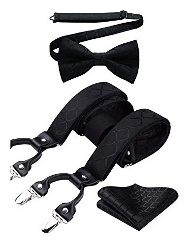 HISDERN Schwarz Hosenträger und Fliege Set für Herren Einstecktuch Y Style hosenträger Plaid mit 6 Starken Clips Einstellbar für Anzug von HISDERN