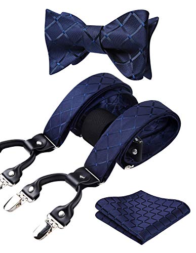 HISDERN Navy blau Hosenträger und Fliege Set für Herren Einstecktuch Y Style hosenträger Dot Plaid mit 6 Starken Clips Einstellbar für Anzug von HISDERN