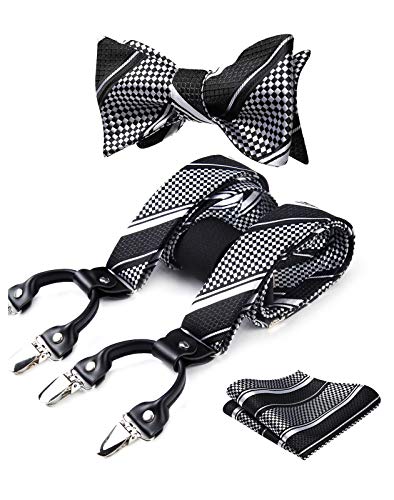 HISDERN Schwarz-Weiss Hosenträger und Fliege Set für Herren Einstecktuch Y Style hosenträger Dot Plaid mit 6 Starken Clips Einstellbar für Anzug von HISDERN