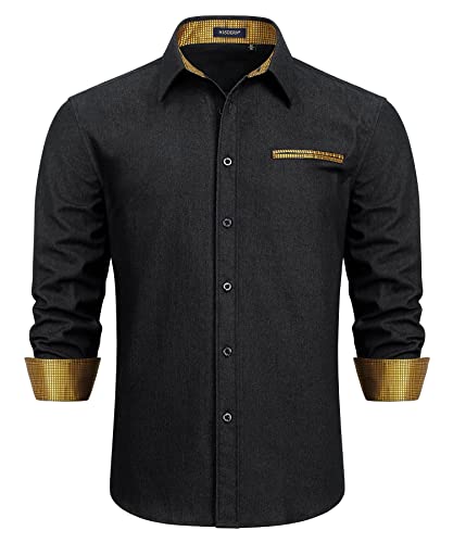 HISDERN Jeanshemd Freizeithemden für Herren Business Casual Langarmhemd Slim Fit Kontrast Golden Schwarze Hemd Männer XXL von HISDERN