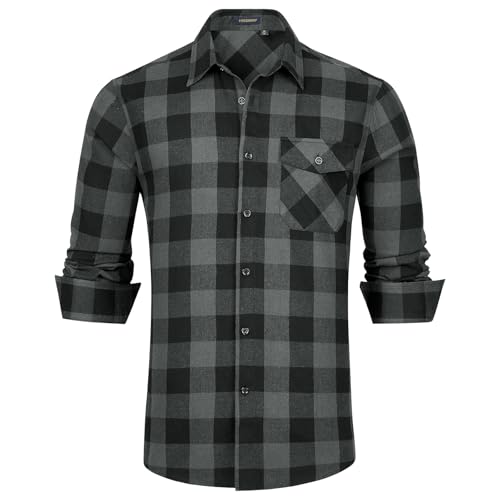 HISDERN Kariertes Hemd Herren Langarm Baumwollflanell Button Down Hemd Holzfällerhemd mit Tasche Regular Fit Schwarz L von HISDERN