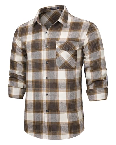 HISDERN Flanellhemd Kariertes Hemd Herren Langarm Arbeitshemd Baumwolle Warmes Holzfällerhemd mit Tasche Regular Fit Herrenhemd Brown 2XL von HISDERN