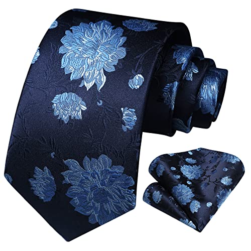 HISDERN Krawatte Blau Herren Elegant Floral Hochzeit Krawatten mit Einstecktuch Klassisch Business Party Paisley Blumen Krawatte & Taschentuch Set von HISDERN