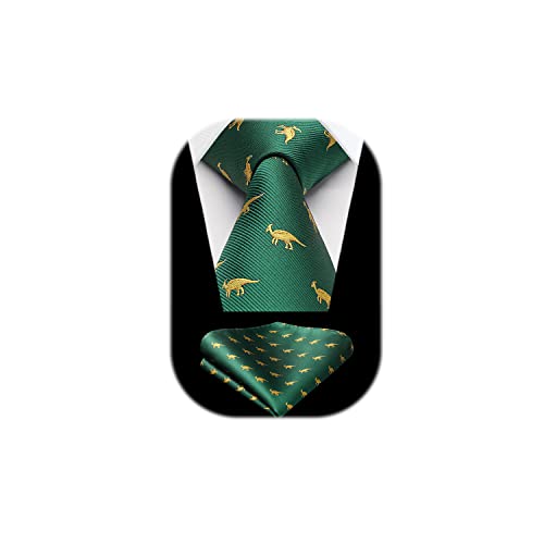 HISDERN Krawatte Grün Herren Krawatten Dinosaurier Muster mit Einstecktuch Krawatte Hochzeit und Taschentuch Set von HISDERN