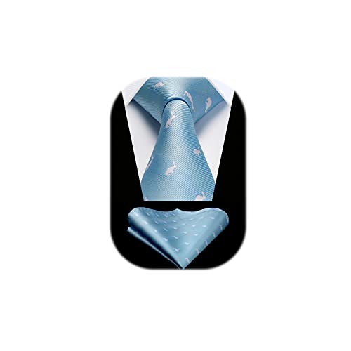 HISDERN Krawatte Hellblau Herren Krawatten Kaninchen Muster mit Einstecktuch Krawatte Hochzeit und Taschentuch Set von HISDERN
