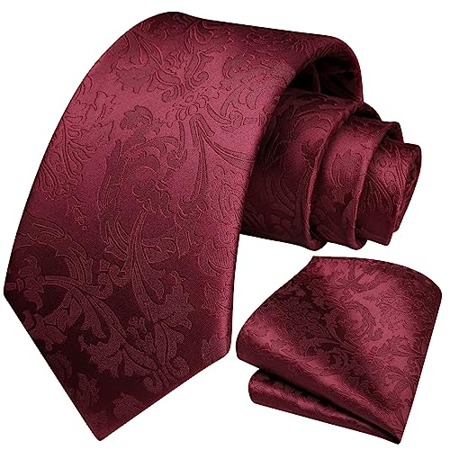 HISDERN Krawatte Herren Paisley Krawatte und Einstecktuch Set Krawatten Burgund Rot von HISDERN
