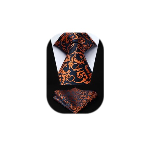 HISDERN Krawatte Herren mit Einstecktuch - Krawatten Extra Lange Marineblau & Orange Paisley Seide Hochzeit Krawatte und Taschentuch Set für Männer von HISDERN