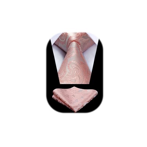 HISDERN Krawatte Herren mit Einstecktuch - Krawatten Extra Lange Rosa Paisley Seide Hochzeit Krawatte und Taschentuch Set für Männer von HISDERN