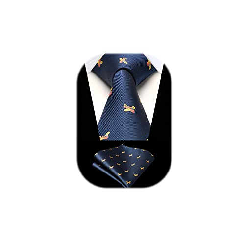 HISDERN Krawatte Navy blau Herren Krawatten Flugzeug Muster mit Einstecktuch Krawatte Hochzeit und Taschentuch Set von HISDERN