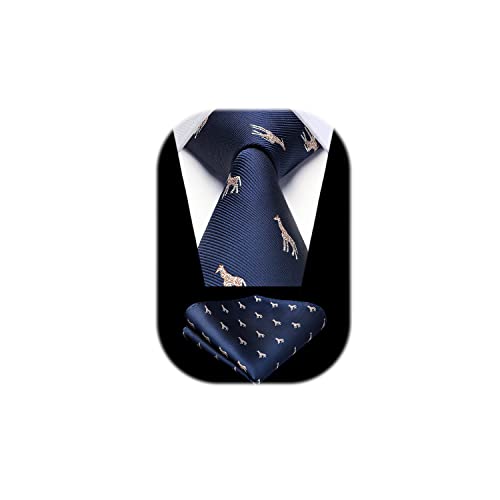 HISDERN Krawatte Navy blau Herren Krawatten Giraffe Muster mit Einstecktuch Krawatte Hochzeit und Taschentuch Set von HISDERN