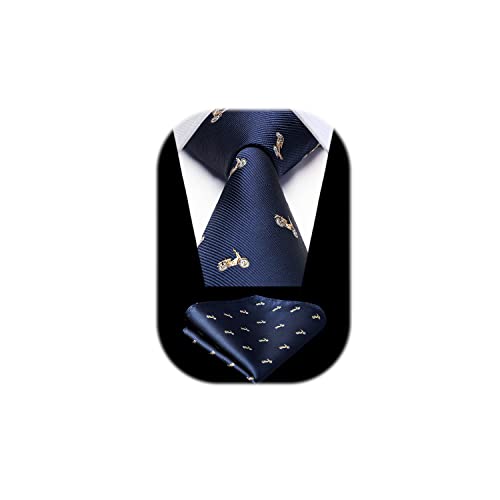 HISDERN Krawatte Navy blau Herren Krawatten Motorrad Muster mit Einstecktuch Krawatte Hochzeit und Taschentuch Set von HISDERN