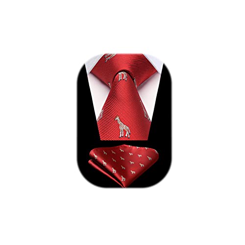 HISDERN Krawatte Rot Herren Krawatten Giraffe Muster mit Einstecktuch Krawatte Hochzeit und Taschentuch Set von HISDERN