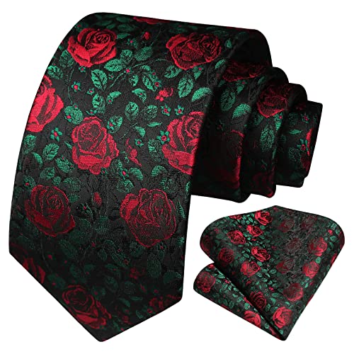 HISDERN Krawatte Schwarz Herren Elegant Floral Hochzeit Krawatten mit Einstecktuch Klassisch Business Party Paisley Blumen Krawatte & Taschentuch Set von HISDERN