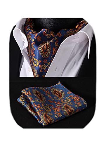 HISDERN Krawattenschal Herren blau orange gelb Paisley Halstuch Blumen Elegant Hochzeit Business Ascot Krawatte und Einstecktuch Set von HISDERN