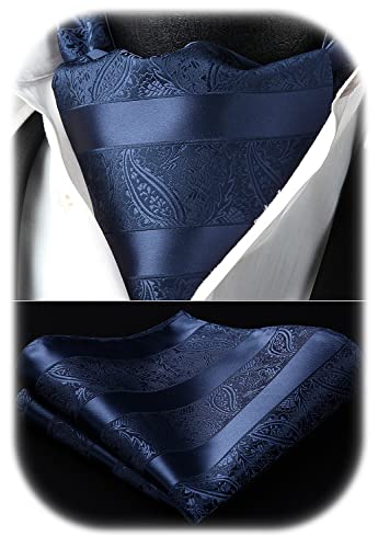 HISDERN Krawattenschal Navy blau Herren Paisley Hochzeit Ascot Krawatte Taschentuch Business Blumen Halstuch und Einstecktuch Set von HISDERN