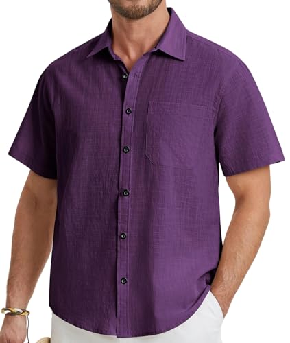 HISDERN Leinen Hemd Herren Kurzarm Sommer Hemden Baumwolle Leinenhemd Regular Fit Freizeithemd mit Brusttasche Lila 4XL von HISDERN
