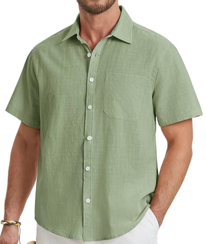 HISDERN Leinenhemd Herren Hemd Kurzarm Herren Sommer kurzhemden Herren Regular Fit Freizeithemd mit Brusttasche Salbei Grün M von HISDERN