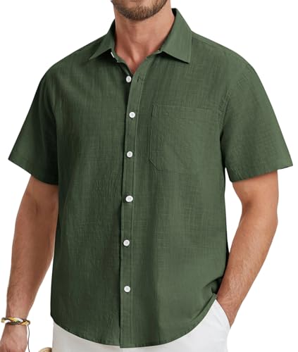 HISDERN Leinenhemd Herren Kurzarm Sommerhemd Regular Fit Freizeithemd Mit Brusttasche Grün 2XL von HISDERN