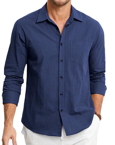 HISDERN Leinenhemd Herren Hemd Langarm Freizeithemd Leinen Shirt Regular Fit Sommer Leinenhemdn Marineblau M von HISDERN