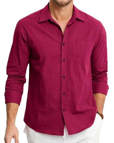HISDERN Leinenhemd Herren Hemd Langarm Freizeithemd Regular Fit Sommer Leinenhemdn Casual Shirts Rot XL von HISDERN