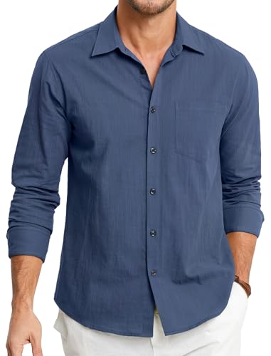 HISDERN Leinenhemd Herren Hemd Langarm Leinen Freizeithemd Sommer Leinenhemdn Regular Fit Shirts Blau 3XL von HISDERN