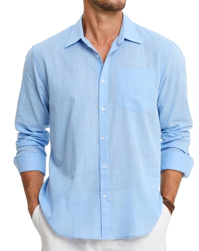 HISDERN Leinenhemd Herren Hemd Langarm Leinen Freizeithemd Sommer Leinenhemdn Regular Fit Shirts Hellblau XL von HISDERN