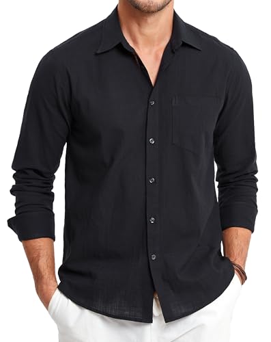 HISDERN Leinenhemd Herren Hemd Langarm Leinenshirt Freizeithemd Businesshemd Sommer Casual Regular Fit Shirt Schwarz 4XL von HISDERN