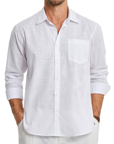 HISDERN Leinenhemd Herren Hemd Langarm Leinenshirt Freizeithemd Businesshemd Sommer Casual Regular Fit Shirt Weiß S von HISDERN