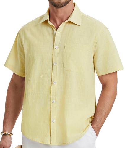HISDERN Leinenhemd Herren Kurzarm Hemd Button Down Regular Fit Freizeithemden Sommer Strand Leinen Shirt Gelb M von HISDERN