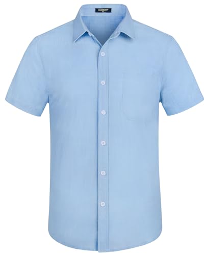 HISDERN Leinenhemd Herren Kurzarm Hemd Sommerhemd Herren Hellblau Freizeithemd mit Brusttasche Regular Fit 3XL von HISDERN