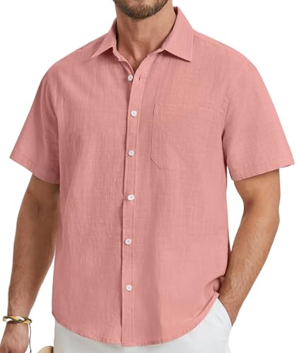 HISDERN Leinenhemd Herren Kurzarm Rosa Leinen Hemd Arbeit Freizeithemd Business Casual Urlaub Sommer Strand Hemden S von HISDERN