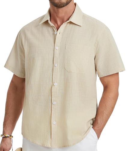 HISDERN Leinenhemd Herren Kurzarm Sommer Beige Freizeithemden Casual Beach Shirts Regular Fit Button Down Strand Oberteile Männer HemdenL von HISDERN
