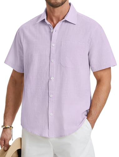 HISDERN Leinenhemd Herren Kurzarm Sommer Hemd Leinenshirt Freizeithemd Businesshemd Casual Hemden Button Down Regular Fit Violett XL von HISDERN