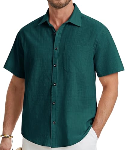 HISDERN Leinenhemd Herren Kurzarmhemd Baumwolle Leinen Hemden Freizeithemd Businesshemd Sommer Casual Leichtes Shirts Regular Fit Türkis 4XL von HISDERN