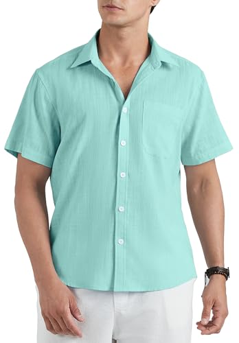 HISDERN Leinenhemd Herren Kurzarmhemd Sommerhemd Freizeithemd Klassisches Leinen Mintgrün Strandhemd 3XL von HISDERN