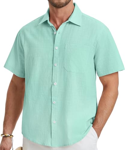 HISDERN Leinenhemd Herren Kurzarmhemd Sommerhemd Freizeithemd Klassisches Leinen Mintgrün Strandhemd XL von HISDERN