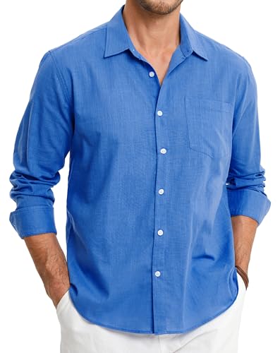 HISDERN Leinenhemd Herren Leinen Hemd Langarm Freizeithemd Sommer Leinenhemdn Casual Regular Fit Shirt Blau XXL von HISDERN