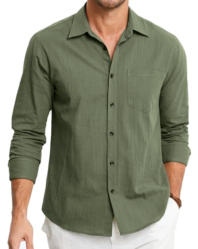 HISDERN Leinenhemd Herren Leinen Hemd Langarm Freizeithemd Sommer Leinenshirt Casual Regular Fit Shirt Grün XXL von HISDERN