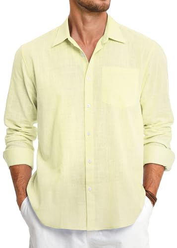 HISDERN Leinenhemd Herren Leinen Hemd Langarm Freizeithemd Sommer Leinenshirt Casual Regular Fit Shirt Hellgelb XXL von HISDERN