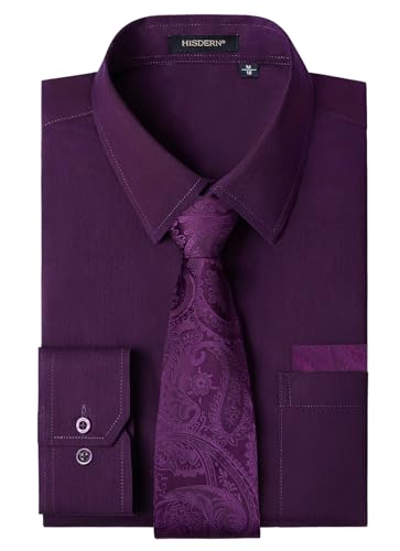 HISDERN Lila Hemd Herren Langarm Formelle Violett Hemd mit Krawatte Set Freizeithemden Männer Regular Fit 4XL von HISDERN