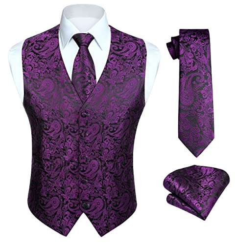 HISDERN Lila Weste Herren Paisley Westen Jacquard Krawatte Einstecktuch Einstecktuch Hochzeit Business Fit Weste Anzug Set 2XL von HISDERN