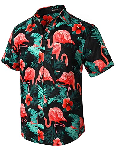 HISDERN Männer Funky Hawaiian Flamingo Shirts Kurzarm Vordertasche Urlaub Sommer Aloha Beach Casual Mint Schwarz Rosa Hawaiihemd 4XL von HISDERN