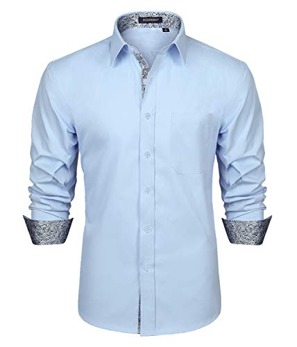 HISDERN Männer innere Kontrast Hemd lässig Formale Klassische Button Down Kleid Hemden Langarm Karierten Kragen Regular Fit hellblau 4XL von HISDERN