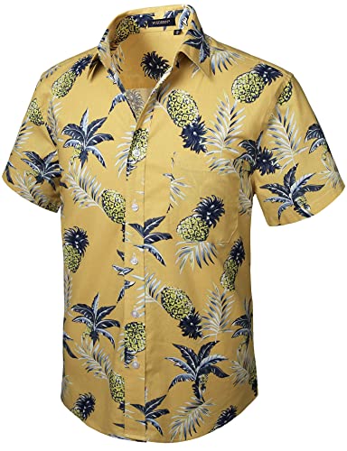 HISDERN Manner Funky Hawaiian Ananas Shirts Kurzarm Vordertasche Urlaub Sommer Aloha Printed Beach Casual Gelb Hawaii Shirt XXXL von HISDERN