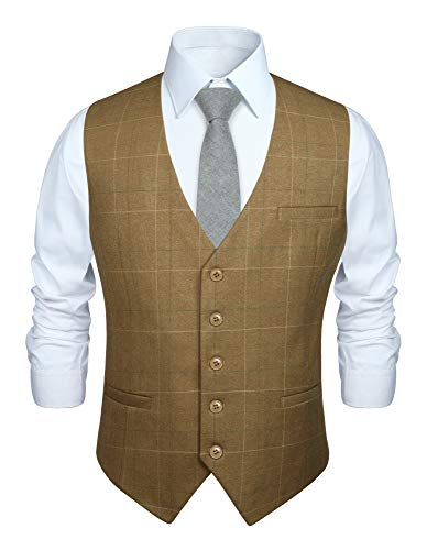 HISDERN Manner Khaki formale Hochzeitsfeier Weste Baumwolle Plaid Khaki Kleid Anzug Weste S von HISDERN